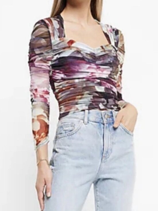 Express Tops - Express Body Contour Mesh Floral Ruched Cropped Top Blouse Small, Coquette Girl